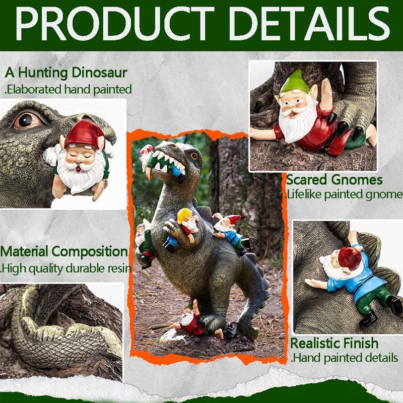 Funny Dinosaur Eating Gnomes Garden Statue – Outdoor Yard Gnome
