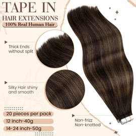 Hetto 24 Inch Remy Human Hair Tape in Hair Extensions Balayage Brown Human Hair Tape in Extensions Real Ombre Hair Extensions Tape in Straight Silky 50g 20Pcs