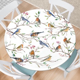 Spring Summer Round Fitted Tablecloth with Elastic Edge Watercolor Floral Birds Outdoor Tablecloth Waterproof Reusable Table Cover for Picnic Kitchen Party Decor Fits 36-40" Diameter Round Tables