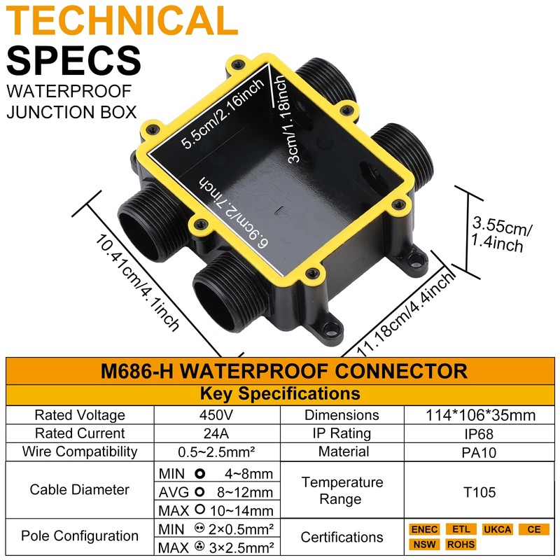 Tynoscco IP68 Waterproof Junction Box Outdoor,4-Way Electrical Junction Box Outdoor