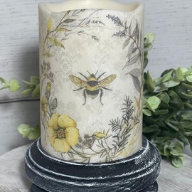 Set of 2 Spring Honey Bee Inspired 4" Flameless Flickering LED Candles on Black Wooden Risers,  Mothers Day, Home Decor Summer - Single or Set: Single Candle