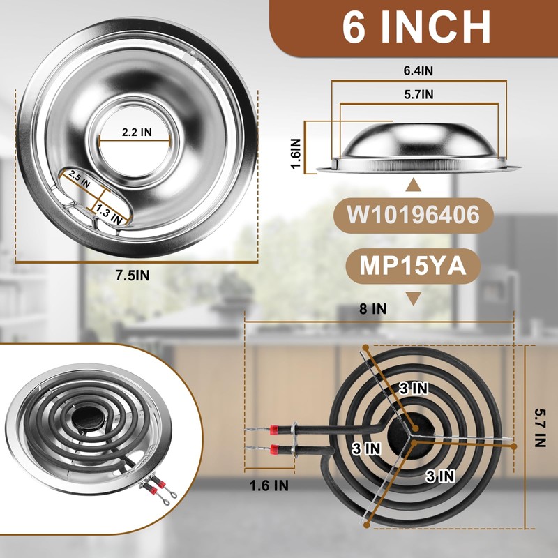 W10196405(8”) W10196406(6”) Electric Stove Burner Drip Pans & MP22YA Electric