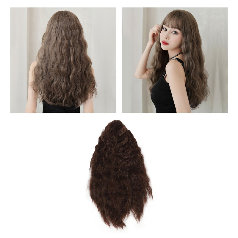 Women Long Brown Wavy Wig Heat Resistant Soft Fluffy Brown