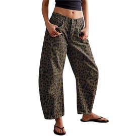 CHARTOU Barrel Jeans Women Wide Leg Cropped Jeans Y2k Mid Rise Baggy Jeans Boyfriend Denim Pants Harem Pants (Large,Leopard)