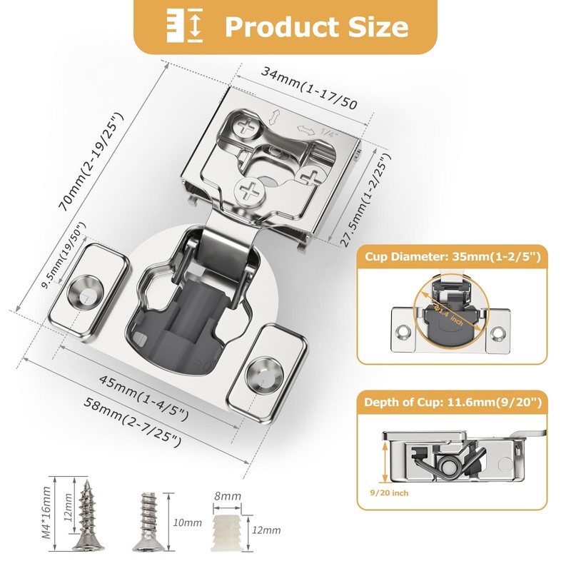 Furniware 2 Pieces 1/4" Small Overlay Concealed Face Frame Hinges,