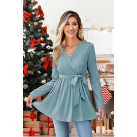 OUGES Women's Maternity Tunics Tops Shirts Long Sleeve Wrap V Neck Nursing Maternity Clothes Casual Pregnancy Blouse(Gray Blue,L)