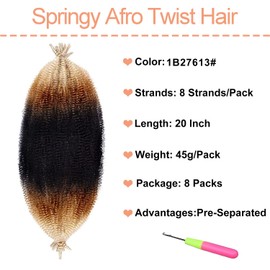 Mscat 8 Packs 50 cm Soft Springy Afro Twist Hair for Faux Locs Marley Twist Crochet Braiding Synthetic Hair Extensions 8 Strands/Pack 1B27613#