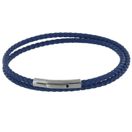 LES POULETTES BIJOUX - Women's Bracelet Double Turn Leather Braided Round for 18cm Wrist - Blue Navy