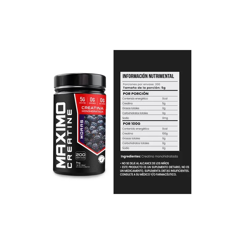 Creatina Monohidratada Maximo Protein 1kg 200 Porciones Moras