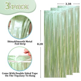 Voircoloria 3 Pack 3.3 x 8.2 ft Sage Green Foil Fringe Backdrop Curtains, Tinsel Streamers Party Decorations, Door Shimmer for Baby Shower, Birthday, Martini Party Decorations