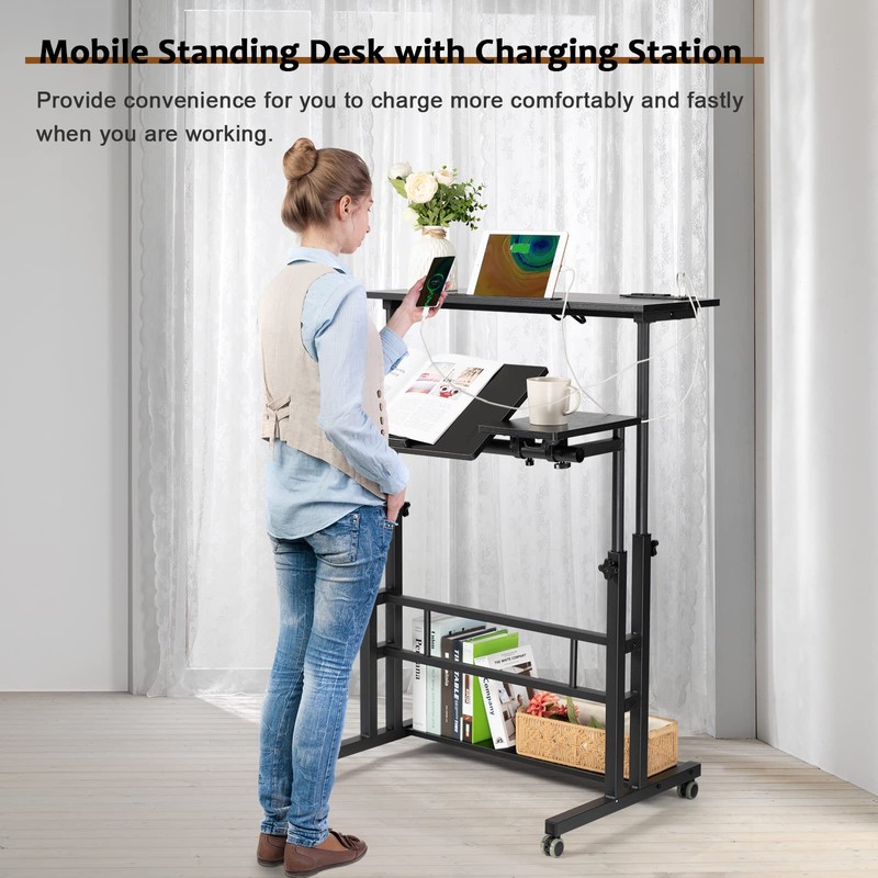 Hadulcet Stand Up Desk, Rolling Desk Adjustable Height, Mobile Standing