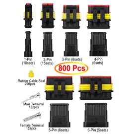 Twippo 800Pcs 50 Sets Waterproof Automotive Electrical Wire Connectors Plug Kit 1/2/3/4/5/6 Pin Waterproof Connectors with Ratchet Crimping Tool