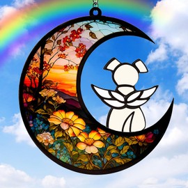 Dog Memorial Gifts for Loss of Dog Suncatcher, White Angel Dog on Sunset Moon Dog Beverage Acrylic Ornaments Decor Window Wall Sympathy Gift for Dog Lover