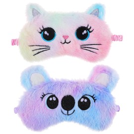 YUXIANLB 2 PCS Plush Sleep Mask for Kids, Colorful Soft Sleeping Eye Cover Cute Animal Blindfold Eye Mask for Sleeping, Satin Eye Shade Cover for Women Kids Travel Nap Gift (Cat&Koala)