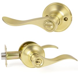 HOSOM 1 Pack Entry Door Handle Exterior with Lock and Key, Exterior Door Handle Lever for Secure Front Entrance and Bedroom. Heavy Duty Satin Brass Keyed Door Handle, Gold Door Lever Handle