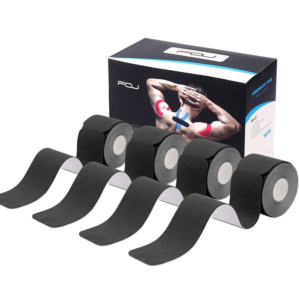 Kinesiology Tape Precut(4 Pack) Kinetic Tape Rolls Athletic Tape Elastic Therapeutic Sport Tape for Knees, Ankles, Shoulder, Elbow, Pain Relief and Injury Recovery 2 Inch x 16.4 ft (Black)