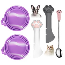 Comtim 5 PCS Pet Food Can Lids & Spoons Set - Silicone Dog Cat Food Can Covers Lids Top/Multi-Function Cat Food Spoon Spatula Can Opener for Wet Food/Long Handle Spoon Easy to Scoop Food
