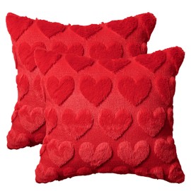 Valentine's Day Love Heart Red Throw Pillow Covers Set of 2, 18 x 18 Inch Anniversary Wedding Home Decor Soft Plush Faux Fur Jacquard Cushion Case for Sofa Couch