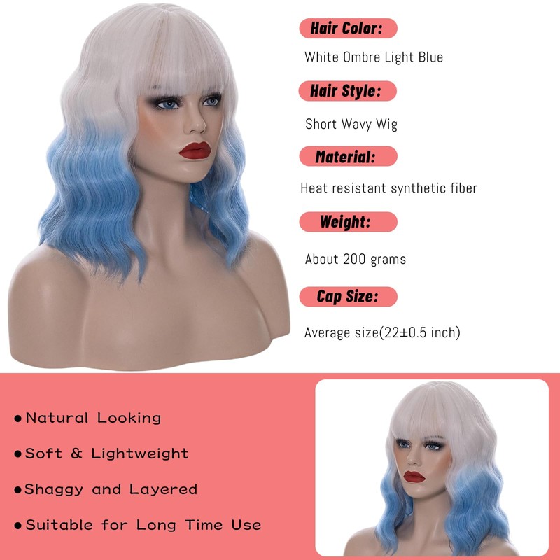 14" White Ombre Light Blue Short Bob Wavy Curly Bangs