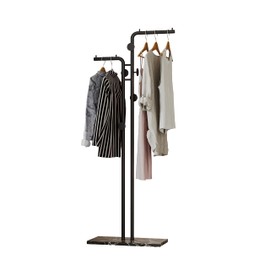 HKaikzo Double-pole Coat Rack Freestanding, Modern Metal Coat Racks Hanger Stand with 5 Hooks and Natural Marble Base, for Bedroom, Office, Hallway, Entryway, Living Room, Black