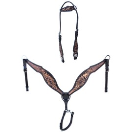 CHALLENGER Horse Horse Western Floral Tooled One Ear Bridle & Breast Collar Set Black 78FK08A