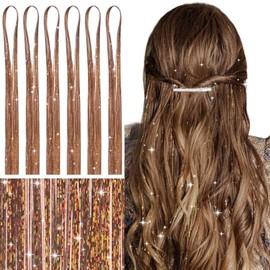 WENNALIFE Hair Tinsel, Golden Brown, 120 cm, 1200 Glitter Hair Strands Kit, for Festivals, Parties, Fairy Hair for Girls
