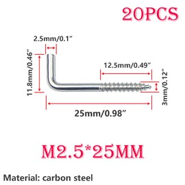 Ctyjia Pack of 20 Screw Hooks, L Hook Screws, M2.5 x 25 mm Wall Hooks, Straight Screw Hooks with Slot, Hook Screws for Hanging