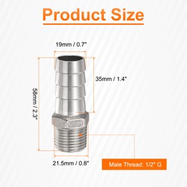 sourcing map 2pcs Stainless Steel Hose Barb Fitting 0.7" (19mm) Barbed x g 1/2" Male Pipe Fitting Air Hose Barb Fittings Coupler Thread Connector Adapter for Water Fuel