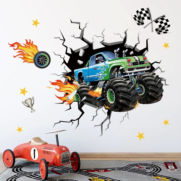 decalmile 3D Racing Car Wall Stickers for Boys Sports Wall Decoration Children's Bedroom Playroom