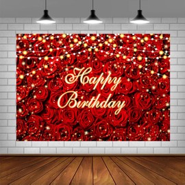 Lofaris Red Rose Flower Happy Birthday Backdrop Rose Floral Wall Adults Women Birthday Background Sweet 16 Happy 30th 40th 50th Birthday Party Supplies Studio Booth Props 5x3ft