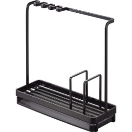 Yamazaki 4994 Sponge & Cleaning Tool Stand, Black, Approx. W 9.8 x D 3.6 x H 9.6 inches (24.5 cm), Tower, Double-Sided Tray, Sponge Rack, Tool Hook