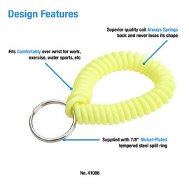 Lucky Line 2” Spiral Wrist Coil with Steel Key Ring, Flexible Wrist Band Key Chain Bracelet, Stretches to 12”, Neon Yellow, 10 PK (41086)