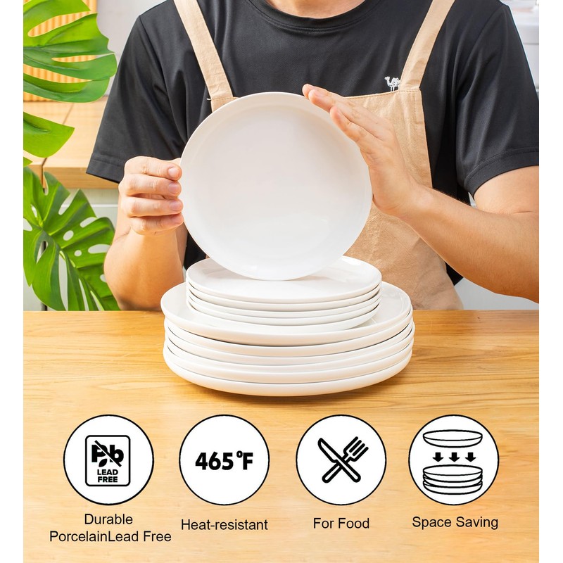 AntoKueh White Ceramic Plates Set of 6, 8.2 Inch Round