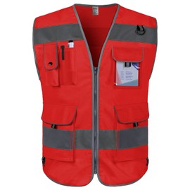 TCCFCCT Safety Vest for Men Women 9 Pockets High Visibility Reflective Vest for Safety, Work Vest with Reflective Strips, Meets ANSI/ISEA Standards, (Red, X-Large)