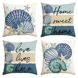 Summer Ocean Sea Shell Home Sweet Home Throw Pillow Covers, 18 x 18 Inch Love Lives Here Conch Starfish Coral Holiday Seasonal Cushion Case Decorations Set of 4