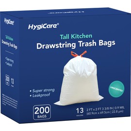 HygiCare 13 Gallon Tall Kichen Trash Bags, Unscented 200 Count Drawstring Garbage Bags, Pre-Separated, Ultra Strong, Leakproof, Sturdy, White