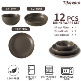 Tikooere Dinnerware Sets, Stoneware Plates and Bowls Sets, Farmhouse 12 Piece Dish Set for 4, Ceramic Plates Set for Kitchen, Scratch Resistant, Dishwasher & Microwave Safe, Matte Black