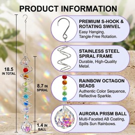 2-Pack Hanging Wind Spinners Outdoor - Indoor Gazing Ball, Rainbow Maker Crystal Ball - Stainless Steel