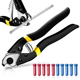 Cable Cutter Wire Rope Heavy Duty Stainless Steel Aircraft Up to 5/32", 7.5inch Black Bicycle Brake Cutter Pliers with 10 Bike Brake Cable Cap End Tips for Deck Railing, Aluminum/Copper Wire, Fence