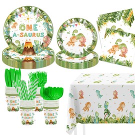 AIBIIN 193Pcs Watercolor One A Saurus Dinosaur Disposable Tableware Set Dinosaur Theme 1st Birthday Party Decorations Banner Plates, Napkins, Cup Tablecloth, for Boy Birthday Decorations Serves 24