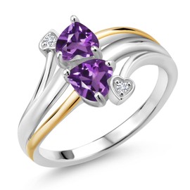 925 Silver and 10K Yellow Gold Purple Amethyst and Lab Grown Diamond 2 Heart Promise Couple Engagement Mother Ring For Women | 0.86 Cttw | Gemstone Birthstone | Available In Size 5, 6, 7, 8, 9