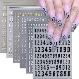 English Alphabet Number Nail Art Stickers 3D Letters Nail Decals Gold Silver Black White Numbers Nail Supplies Self-Adhesive English Letters Nail Stickers 26 Initials Stickers for Nail Decoration 6Pcs