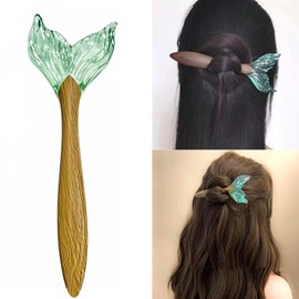 Chiorgone Hand-Inlaid Wooden Fish Tail Hairpin, Bridal Lake Blue Glass Mermaid-Inspired Hair Accessory with Gradient Design, Wood & Glass for Wedding/Party (Feng Shui Aesthetic Jewelry)