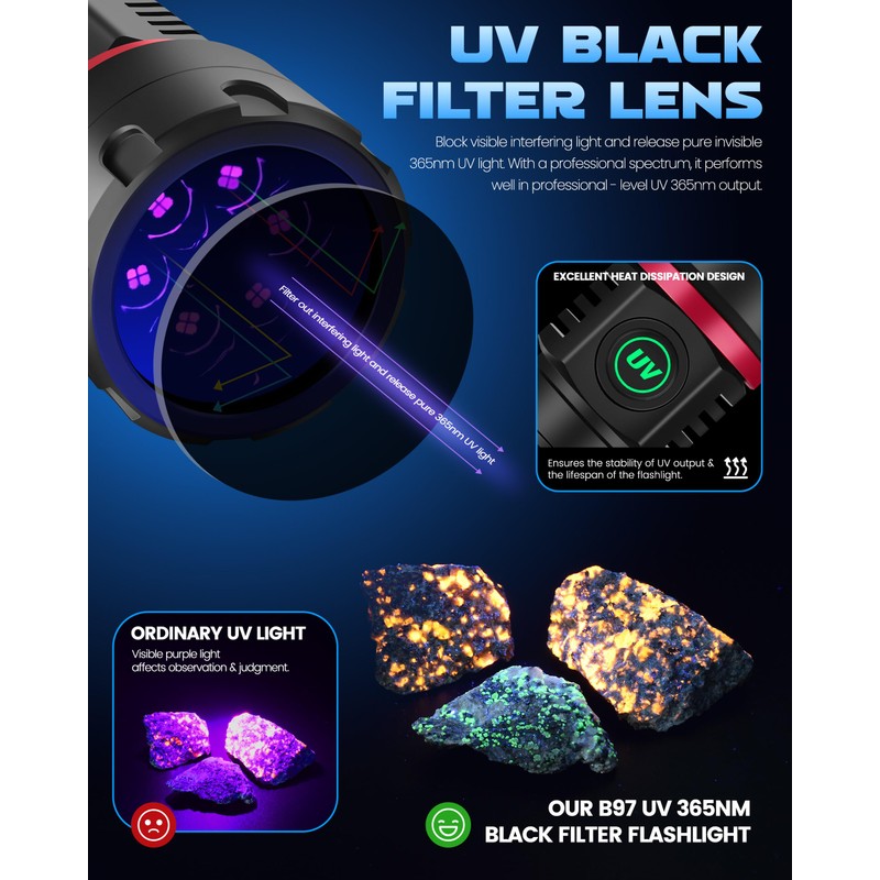 DARKBEAM UV Flashlight 365nm Black Light, 6xLED Quad-core Rechargeable Powerful