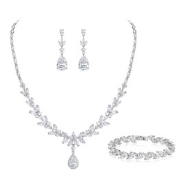 Clearine Wedding Gorgeous Teardrop Cubic Zirconia Pendant Necklace Leaf Dangle Earrings Jewellery Set for Women Bride Bridesmaid Clear Silver-Tone