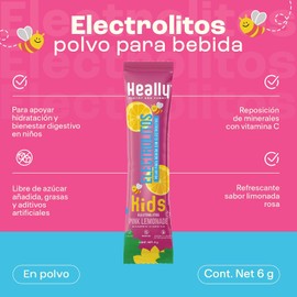 Electrolitos en Polvo para Niños Sin Azúcar HEALLY KIDS 40 Sobres, Prebióticos, Potasio, Sodio, Rápida Hidratación, Sabor Fresa y Limón, Vegana