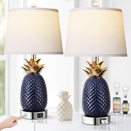 espidoo Pineapple Table Lamp with USB Charging: Navy Blue Ceramic Coastal Bedside Lamp - 3-Way Dimmable Touch Control Nightstand Lighting for Beach House Guest Rooms & Home Office Decor