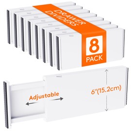 Lifewit 8 Pack 6" High Drawer Dividers 34-56cm/13.5-22" Adjustable Drawer Organizer for Clothes/Utensils, Expandable Drawer Separator in Dresser/Kitchen/Bedroom/Office Organization & Storage White