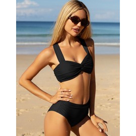 ZAFUL - Conjunto de bikini de cintura alta para mujer, con control de abdomen y parte delantera, traje de baño de dos piezas, 1-negro, X-Large