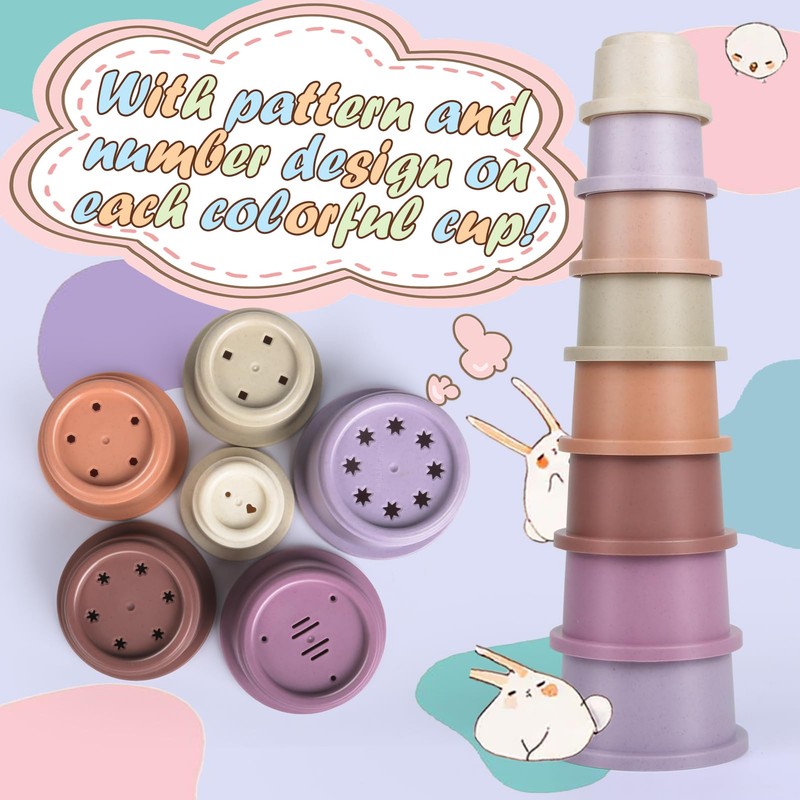SKYWHALE 8PCS Stacking Cups for Rabbits, Stackable Bunny Toys, Natural